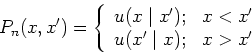 \begin{displaymath}
P_n(x,x^{\prime}) = \left\{
\begin{array}{cc}
u(x \mid x^{\...
...\
u( x^{\prime} \mid x); & x > x^{\prime}
\end{array} \right.
\end{displaymath}