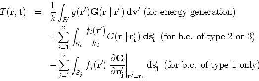 \begin{eqnarray*}
T(\mathbf{r},t) &=&\frac{1}{k}\int_{R^{\prime }}g(\mathbf{r}^{...
...bf{r}_{j}}ds_{j}^{\prime } \; \;\mbox{(for b.c. of type 1 only)}
\end{eqnarray*}
